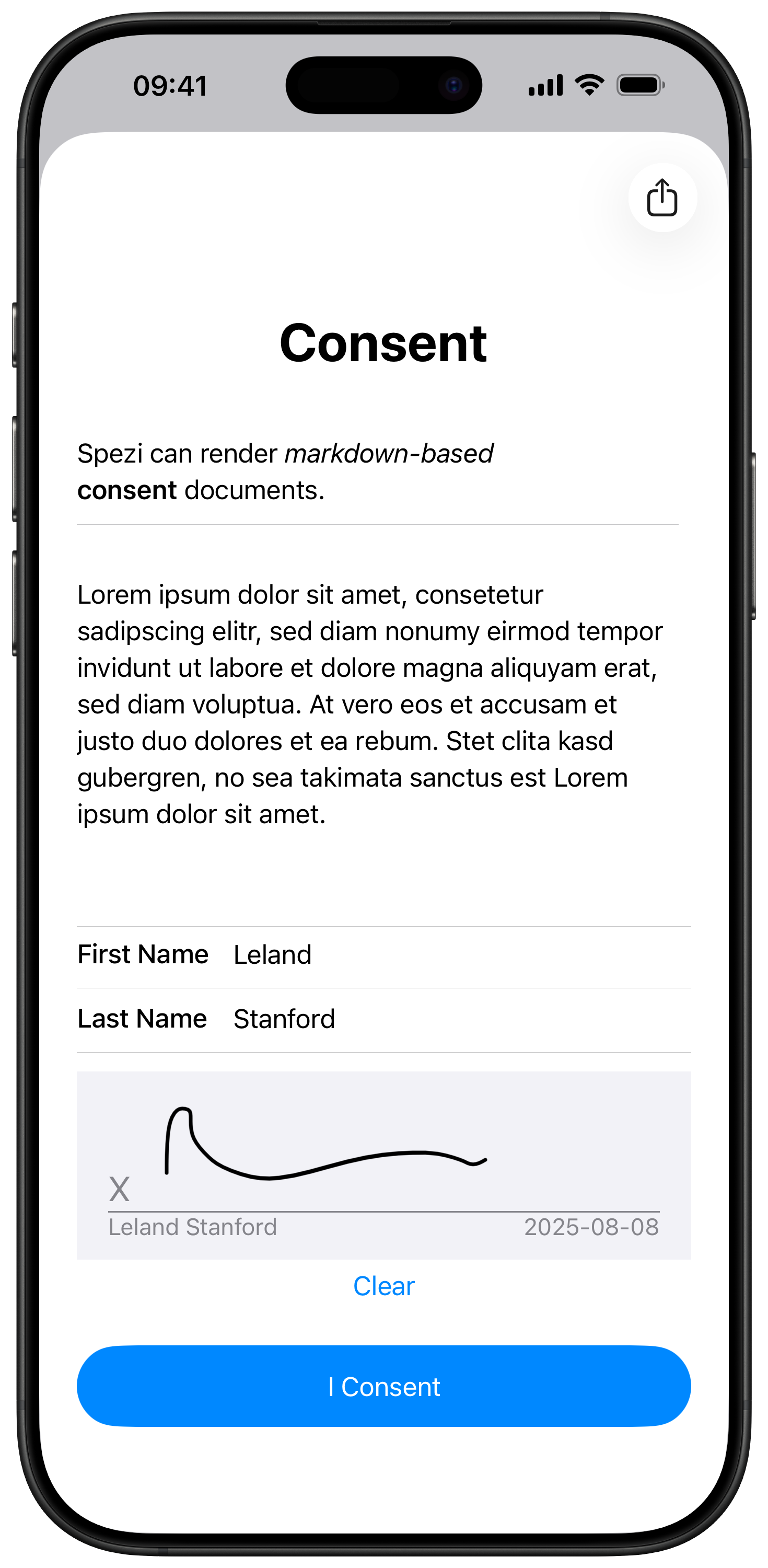Spezi Consent example with a document, participant name, and handwritten signature.