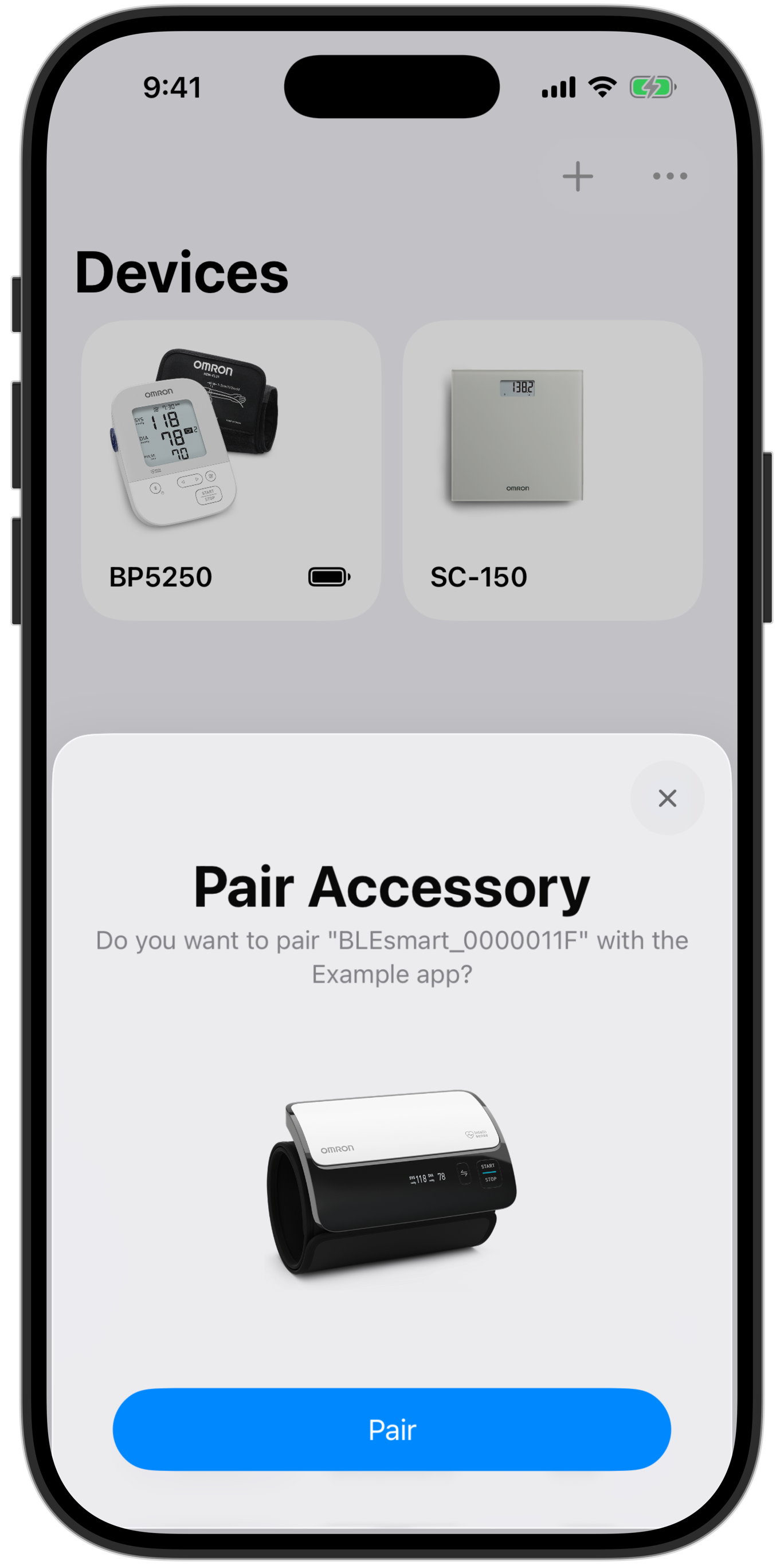 Spezi Devices example showing paired devices and a blood pressure monitor pairing sheet.