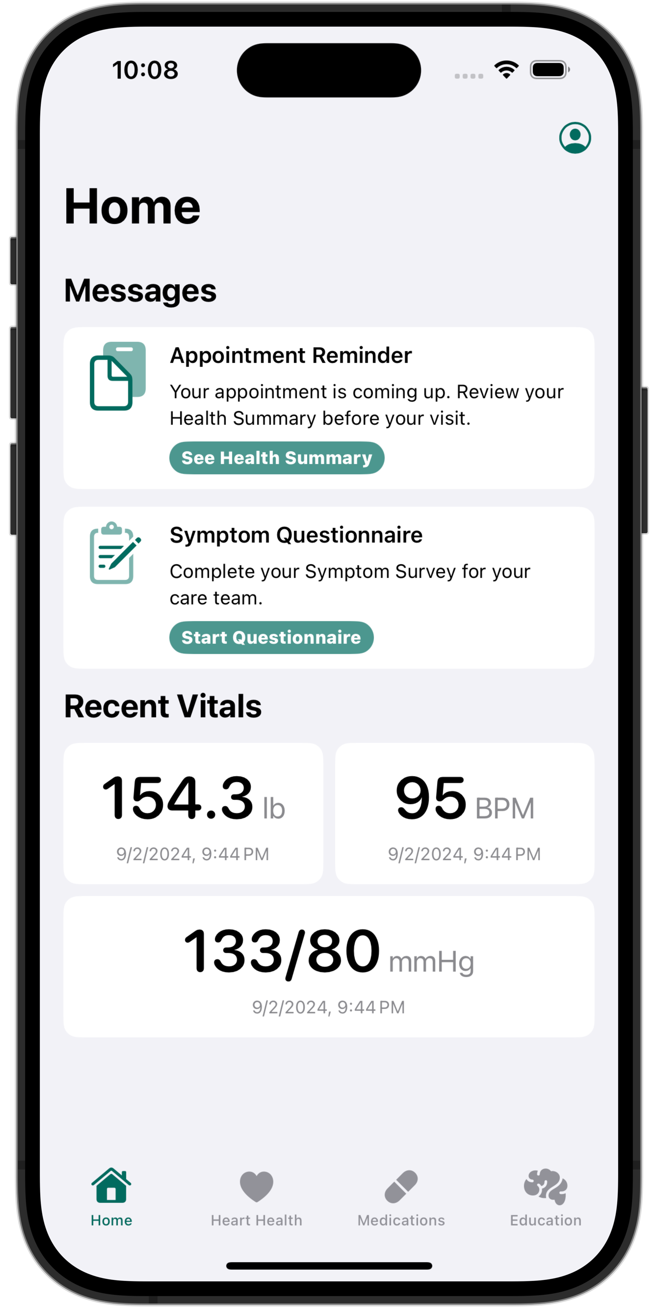 ENGAGE-HF home screen with study reminders, a symptom questionnaire, and recent vital signs.