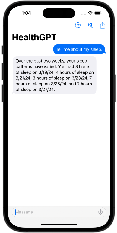 HealthGPT example conversation asking about sleep and summarizing recent sleep data.