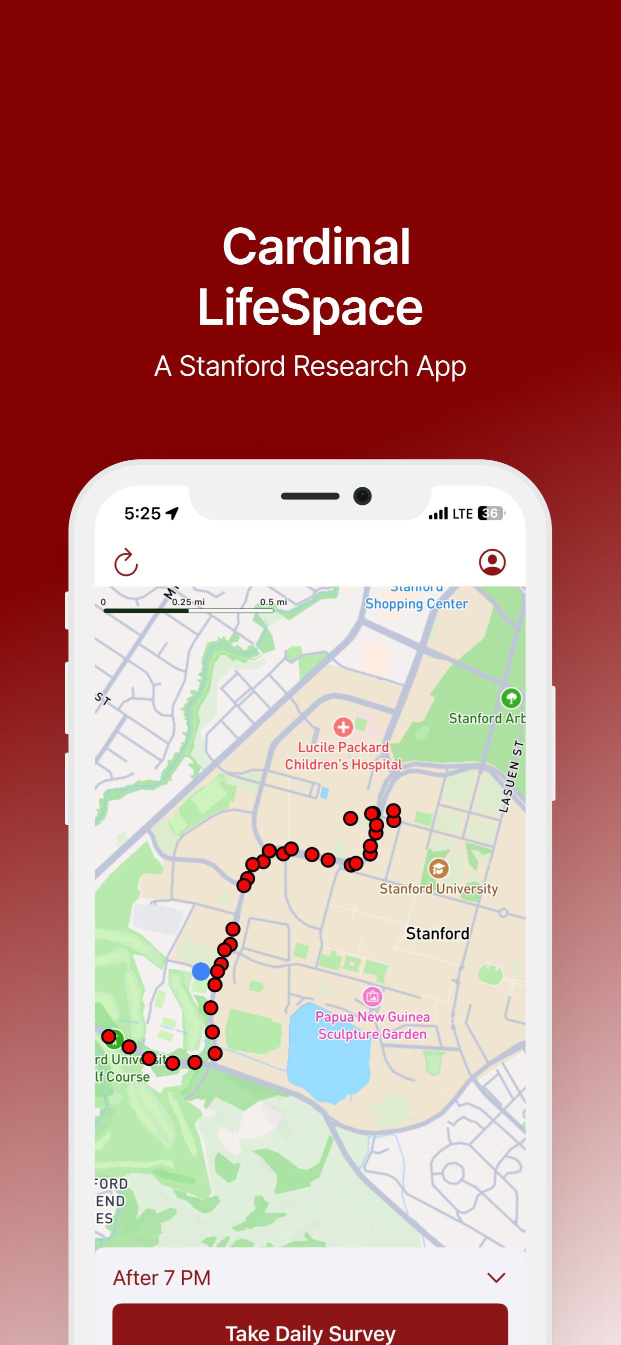 Cardinal LifeSpace project screenshot showing a map of daily movement around Stanford.