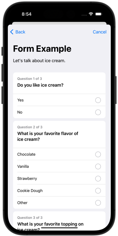 Spezi Questionnaire example rendering a multiple-choice survey about ice cream.